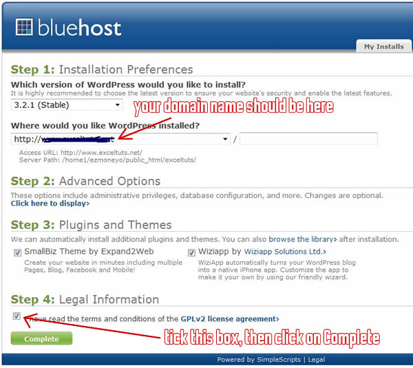 The last step to installing WordPress on your Bluehost-hosted domain